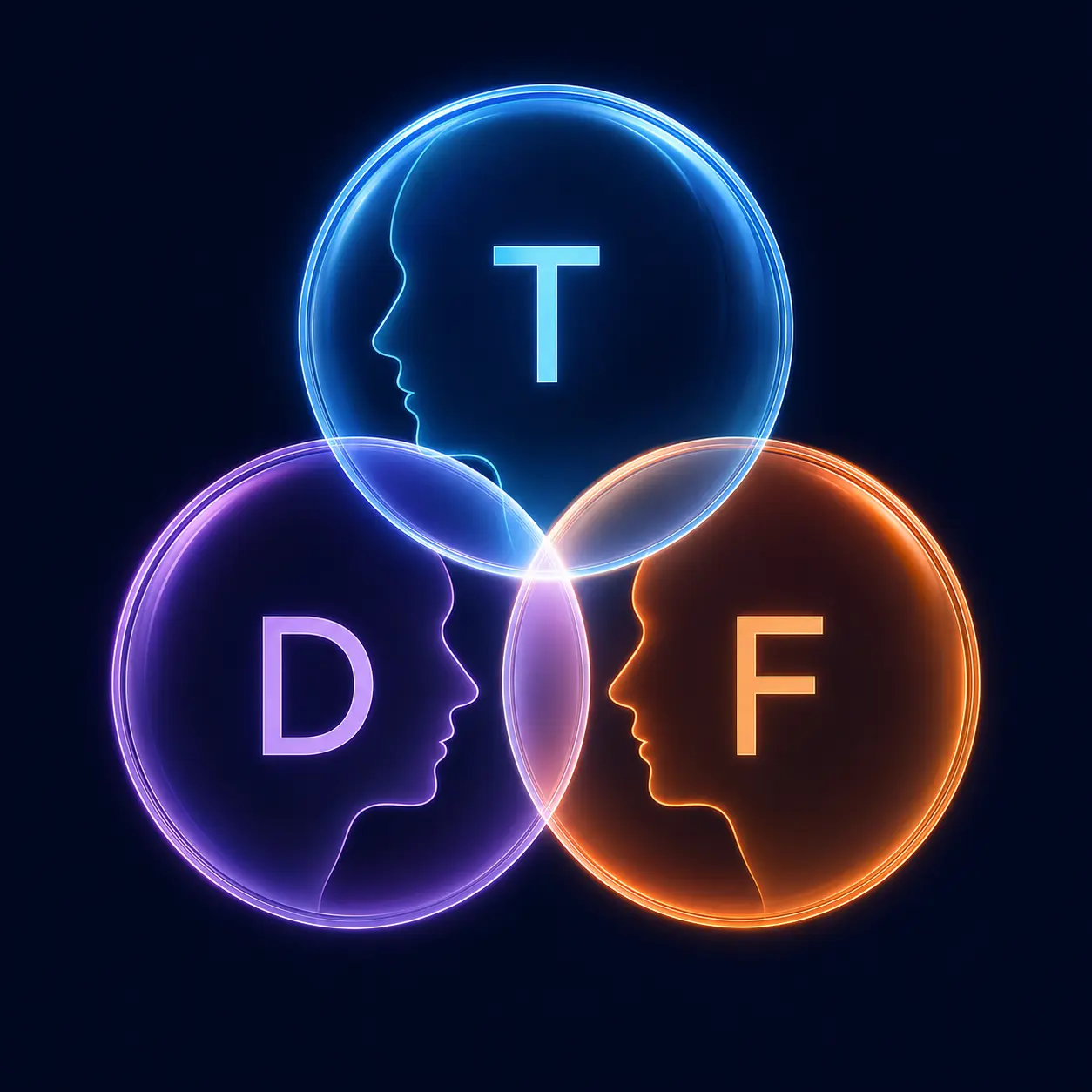 Three overlapping T, D, and F perceptual lenses